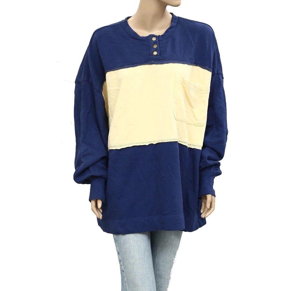 Free People Strawberry Sweatshirt Top Pullover Colorblock Ribbed Blue XL 284052 - Picture 5 of 8